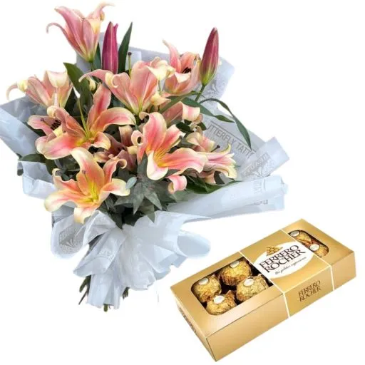 Ramos de flores stargazer con bombones de chocolate rocher