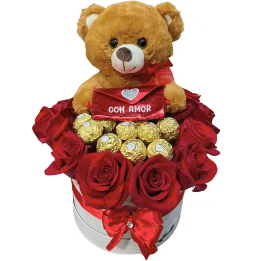 Caja pote con rosas rojas chocolate y peluche