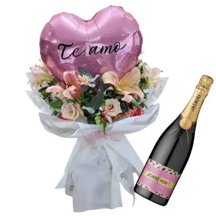 Ramo de flores de estacion con globo y jasmine pink rose